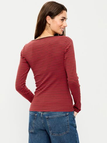 Old Navy Snug Long-Sleeve Boatneck T-Shirt - Red/Brown Stripe in Kuwait