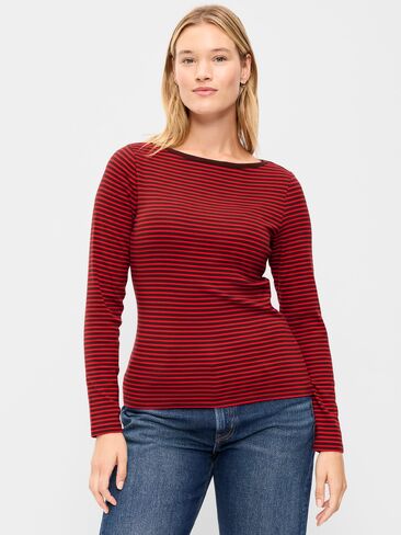 Old Navy Snug Long-Sleeve Boatneck T-Shirt - Red/Brown Stripe in Kuwait