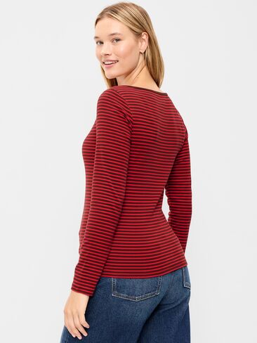 Old Navy Snug Long-Sleeve Boatneck T-Shirt - Red/Brown Stripe in Kuwait