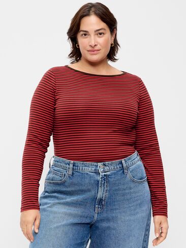 Old Navy Snug Long-Sleeve Boatneck T-Shirt - Red/Brown Stripe in Kuwait