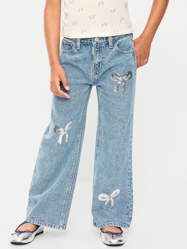 Old Navy High-Waisted Baggy Embellished Wide-Leg Jeans for Girls - Light Wash (Shiny Bows) in Kuwait
