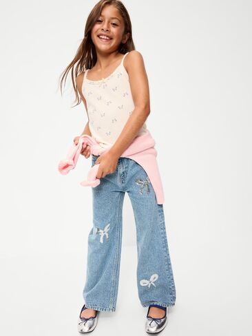 Old Navy High-Waisted Baggy Embellished Wide-Leg Jeans for Girls - Light Wash (Shiny Bows) in Kuwait