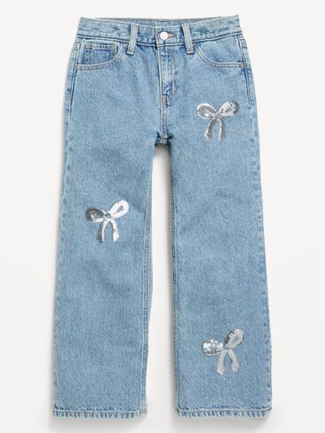 Old Navy High-Waisted Baggy Embellished Wide-Leg Jeans for Girls - Light Wash (Shiny Bows) in Kuwait
