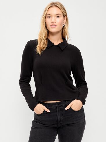 Old Navy Long-Sleeve Brushed-Jersey Polo Top - Black Jack in Kuwait