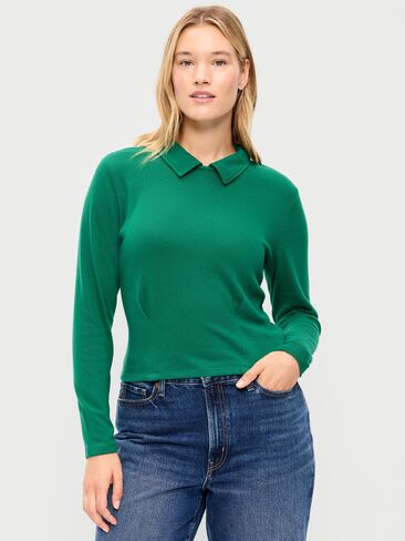 Old Navy Long-Sleeve Brushed-Jersey Polo Top - Rainforest Jewel in Kuwait