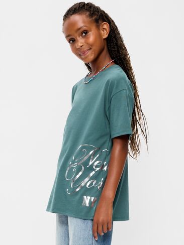 Old Navy Oversized Short-Sleeve Graphic Tunic T-Shirt for Girls - Jade Shadow in Kuwait