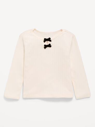 Old Navy Long-Sleeve Bow-Front Pointelle-Knit Top for Toddler Girls - Creme De La Creme in Kuwait