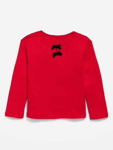 Old Navy Long-Sleeve Bow-Front Pointelle-Knit Top for Toddler Girls - Robbie Red in Kuwait