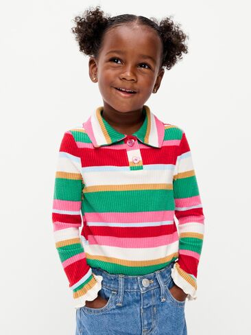 Old Navy Long-Sleeve Striped Ribbed Collared Top for Toddler Girls - Multi Stripe in Kuwait