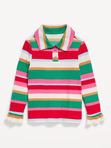 Old Navy Long-Sleeve Striped Ribbed Collared Top for Toddler Girls - Multi Stripe in Kuwait