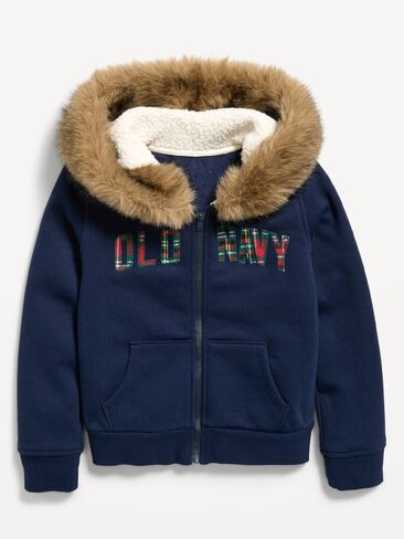 Old Navy Fitted Faux-Fur Logo Graphic Full-Zip Hoodie for Girls - In the Navy in Kuwait
