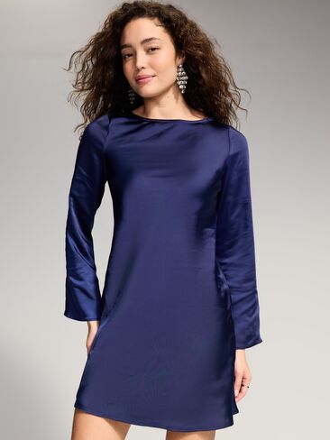 Old Navy The Occasion by Old Navy Bell-Sleeve Satin Tie-Back Mini Dress - Black Boysenberry in Kuwait