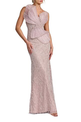 Mac Duggal Sequin Organza Strapless Bow Detail Column Gown - Mocha in Kuwait