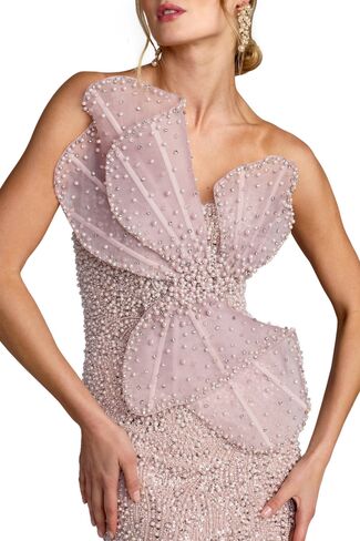 Mac Duggal Sequin Organza Strapless Bow Detail Column Gown - Mocha in Kuwait
