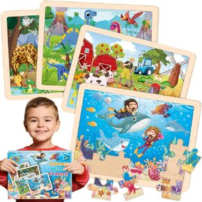 Wooden Animals Puzzles for Kids Age 3 4 5 Year Old, 4 Pack 24 Pcs Montessori Toddler Jigsaw Puzzles for Girl boy Activities Preschool Learning Educational Birthday Gift Travel Autistic Wooden Toys