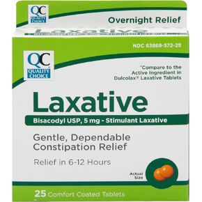 Quality Choice Laxatives for Constipation Relief - Bisacodyl 5mg Tablets, Comfort Coated Stimulant Laxative. Overnight Relief, 25 Count. Relief of Occasional Constipation and Irregularity.