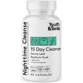 Youth & Tonic Overnight Intestinal Cleanse Supplement - Natural Constipation Relief for Men & Women with Senna Leaf, Psyllium Husk, Cascara Sagrada & Fibre - 30 Capsules. Can Be Strong for Some People