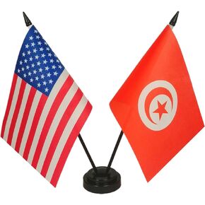 America & Tunisia Friendship Twin Desk Flag, US Tunisia Table Flags, 8 x 5 Inches American & Tunisian Deluxe Desk Flag Set - Miniature USA & Tunisia Stick Flag with Flag Stand
