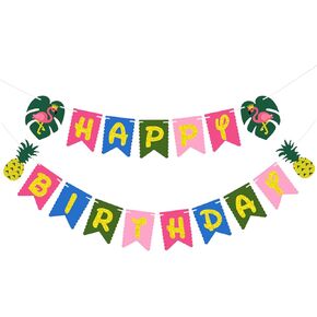 Tropical Happy Birthday Banner Hawaiian Birthday Party Decoration for Luau Summer Pool Party Flamingo Pineapple Palm Leaf Birthday Banner Photography Props,Summer Birthday Party Decorations Supplies
