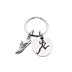RUN RUNNER GIRL Pewter Pendant Key Chain - Pewter Running Shoe Charm and Pewter Runner Girl Pendant on Round Stainless Steel Key Ring