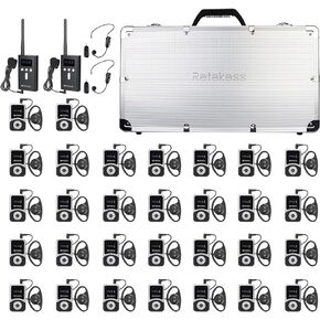 Retekess T130S Wireless Tour Guide System, Translation Devices for Schools, 328ft, One-Touch Shutdown, with 2 TT123 Wireless Mic for Church, Factory Tours（ 2 Transmitter 30 Receiver 1 Charging Case)