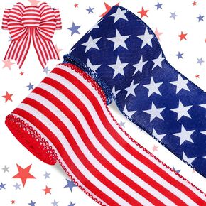 Whaline Patriotic Wired Edge Ribbon 2 Rolls Stars Stripes Craft Ribbon 4th of July USA Flag Fabric Ribbon for Independence Day Memorial Day Wreath Bow Making DIY Crafts Wrapping Supplies