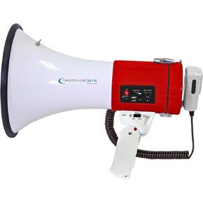 Technical Pro Rechargeable Portable 75-Watt Megaphone Bullhorn Speaker w/Siren & Detachable Microphone - Battery w/Battery a Built-in AC Wall Charger, Good for Trainers, Coaches, Cheer Leaders
