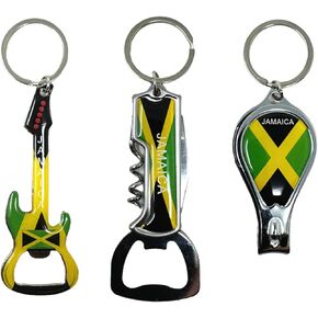 3 Pack Jamaica Keychains Country Metal Keychain, 3 Bottle Opener, Nail Clipper, Guitar, Patriotic Souvenir Keychains, Car Keys, Gift, Bulk