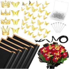 173Pcs Black Flower Wrapping Bouquet Paper Kit Include 20 Sheets Waterproof Floral Wrapping Paper and Floral Bouquet Accessories (4Pcs Gold Crowns,48Pcs Butterfly Decorations and 100 Pcs Flower Pins) for Flower Bouquets