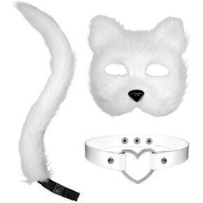 Cat Costume for Women Furry Costume Cat Mask Plush Therian Tail Paws Gloves Cosplay Costumes Set Halloween