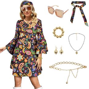 Women 70s Disco Outfit Paisley Disco dress Hippie costume Halloween Party dance Accessories set