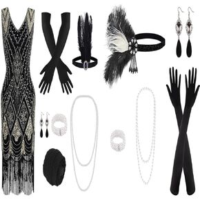 PLULON 1920s Sequin Beaded Fringed Flapper Dress and Great Gatsby Accessories Set