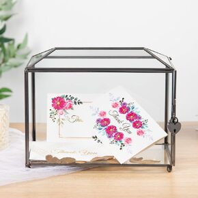 12.6" Glass Card Box Wedding Card Box with Lock for Wedding Reception Cosmetic Home Decor, Handmade Large Geometric Terrarium with Hinged Lid, Brass Frame - (Black/Roof)