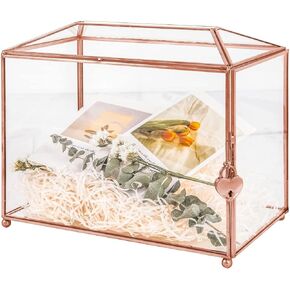 12.6" Glass Card Box Wedding Card Box with Lock for Wedding Reception Cosmetic Home Decor, Handmade Large Geometric Terrarium with Hinged Lid, Brass Frame - (Black/Roof)