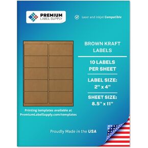 Premium Label Supply Brown Kraft Sticker Labels – 2" x 4" – Laser/Inkjet Compatible – (10 Labels/Sheet), 25 Sheets – 250 Total Adhesive Labels