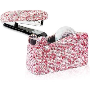 Bling Crystal Luxury Handmade Diamond Stapler & Desktop Tape Dispenser Office Stationery Kit for Fashion Girls Women (AB Color)