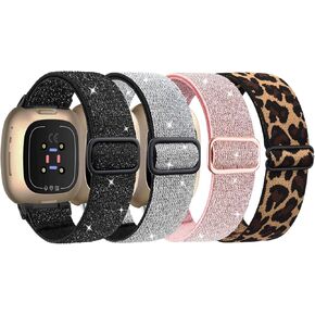 4 Pack Elastic Nylon Bands Compatible with Fitbit Versa 4/Versa 3/Sense 2/Sense, Soft Breathable Replacement Adjustable Stretchy Nylon Loop Wristband Sport Strap for Woman Man in Saudi Arabia