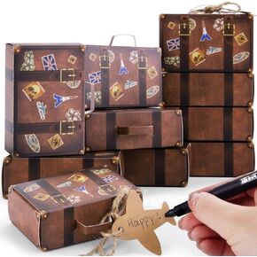 JOHOUSE 50PCS Party Favor Candy Boxes, Mini Suitcase Favor Box Vintage Kraft Paper Gift Bag with Tags Burlap Twine for Party Wedding Decor