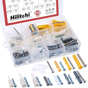 Hilitchi 192-Pcs [7-Sizes] Ribbed Plastic Anchors Assortment Kit with Philips Self-Tapping Screws Set for Drywall