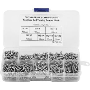 500Pcs M3 Self Tapping Screws Stainless Steel Cross Drive Button Head Self Drilling Screws Assortment(Stainless Steel)