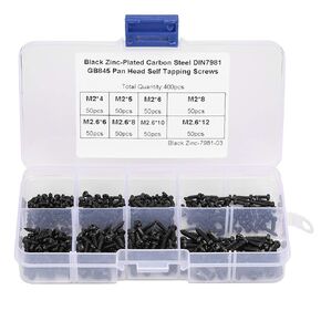 Self Tapping Screw, 400Pcs M2/M2.6 Cross Pan Head Self Tapping Screws Set Black Cross Tapping Screws Assortment Kit for Plastic,Wood,Soft Metal,etc