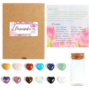 12PCS Premium Mini Crystal Hearts Wishing Bottle,1.5cm Puffy Hearts Chakra Gemstones,Pocket Love Heart Carved Stone,Small Glass Drifting Bottle, with Mother's Day Greeting Card Tulips