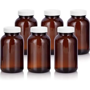 JUVITUS 8 oz Amber Glass Wide Mouth Packer Bottle with White Ribbed Lid (6 pack)