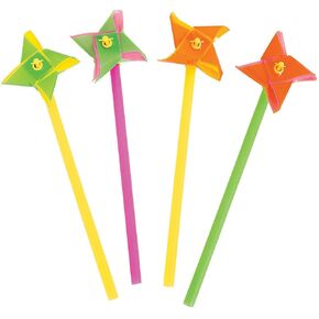 Fun Express Plastic Mini Neon Two-Tone Pinwheels