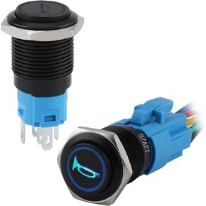 SINGARO 12V Horn Momentary Push Button Switch, 16mm Black Metal Waterproof Round Starter Power Switch with Led Light for Car Modification, Truck and Boat Marine (Blue)
