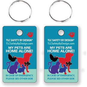 TLC Safety By Design My Pets Dog Cat are Home Alone Emergency Alert I.D. 2 Pk. Plastic Key Tags with Contact Call Card (Standard Set of 2, Pets Home Alone Key Tag Set)