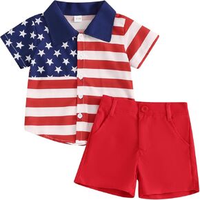 Gueuusu طفل رضيع 4th من يوليو ملابس قصيرة الأكمام زر حتى قميص مجموعة تي شيرتات قصيرة للأطفال العلم الأمريكي الزي شهم الملابس in Kuwait