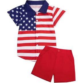 Tagyum 4th من يوليو طفل رضيع الزي العلم الأمريكي زر حتى قصيرة الأكمام قميص مجموعة تي شيرتات قصيرة للأطفال عيد الاستقلال الملابس in Kuwait