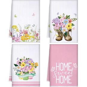 Bencailor 4 Pcs Sunflower Spring Kitchen Towels Summer Beach Mother's Day Cow Cattle Lemons Floral Cat Kitchen Dish Towels Fast Drying Kitchen Decor for Cooking, 16 x 24 Inch(Yellow, Sunflower)