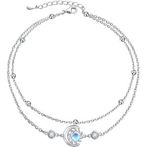 Anklets for Women 925 Sterling Silver Charm Layered Simulated Opal/Moonstone/Daisy/Infinity Summer Beach Ankle Bracelet Foot Chain Jewelry Birthday Valentine's Day Mother's Day Gift